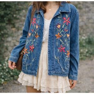 Vintage Floral Embroidered Denim Jacket Boho Cottagecore Artsy M
